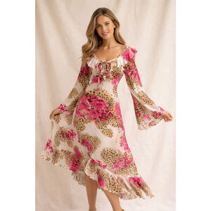 Corina L Boho Leopard Floral Maxi Dress Romantic Ruffle Bell Sleeve Cottagecore